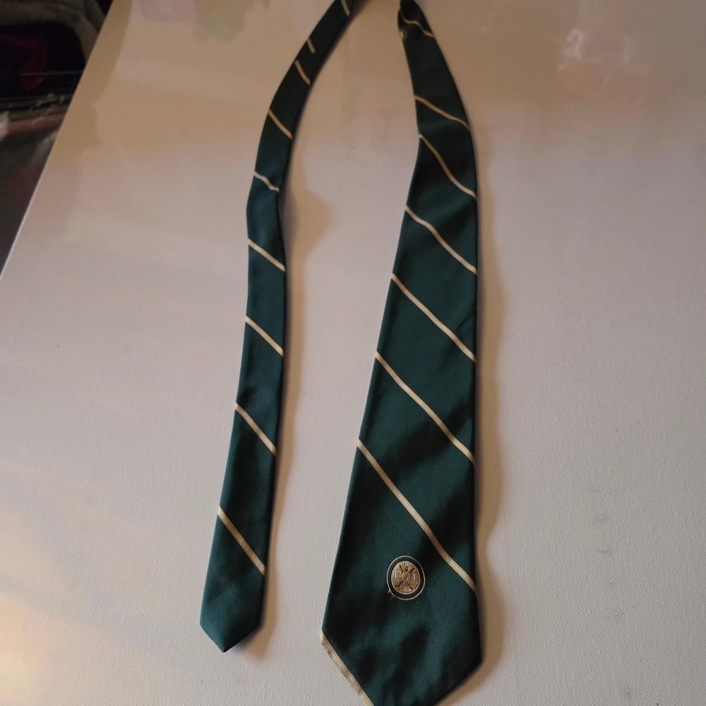 PGA 1916 Mens Necktie Forest Green Gold Striped Embroidered Crest Golf Tie
